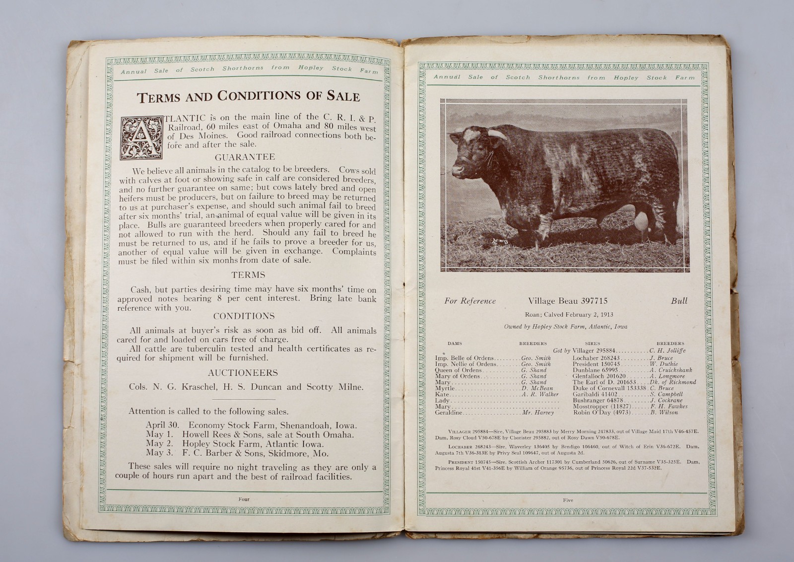 1918 Scotch Shorthorns Livestock Sale Catalog Hopley Stock Farm Atlantic Iowa