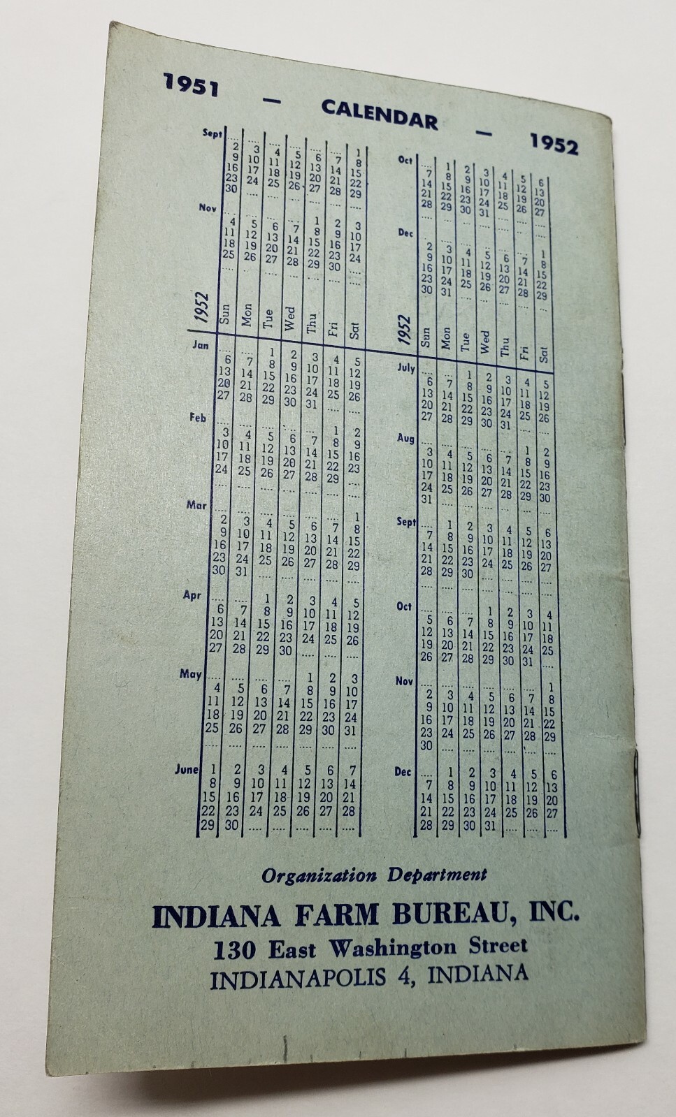 VINTAGE 1952 INDIANA FARM BUREAU AND AFFILIATES BOOKLET TAX CALENDAR