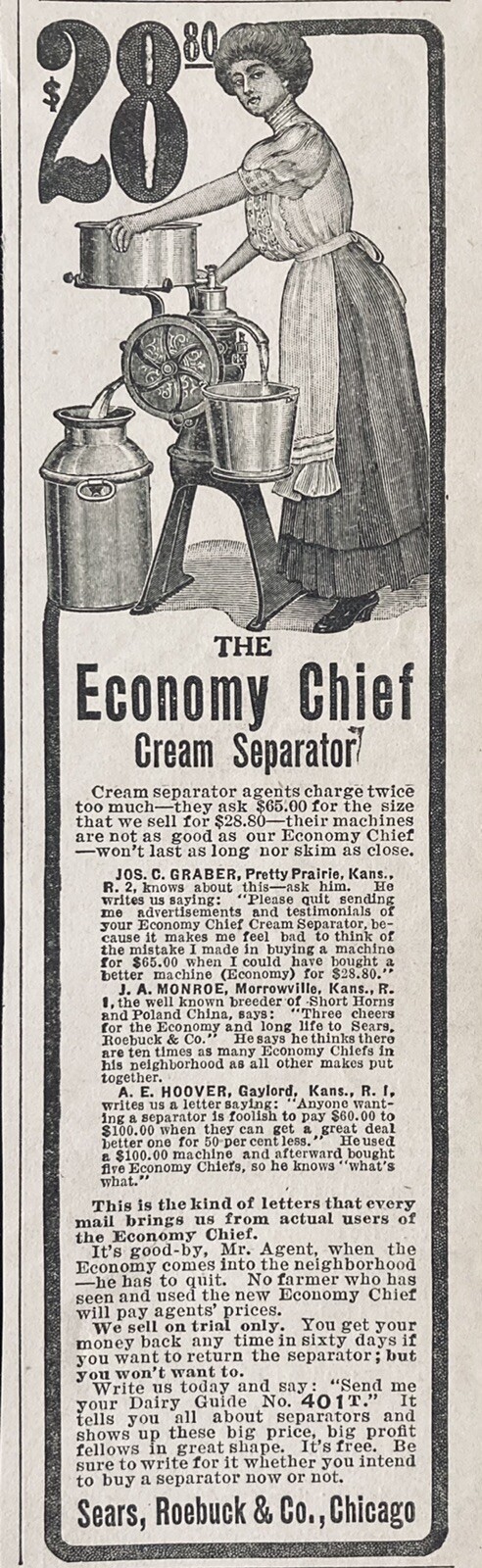 1909 AD.(XH10)~SEARS, ROEBUCK CO. CHICAGO. THE ECONOMY CHIEF CREAM SEPARATOR
