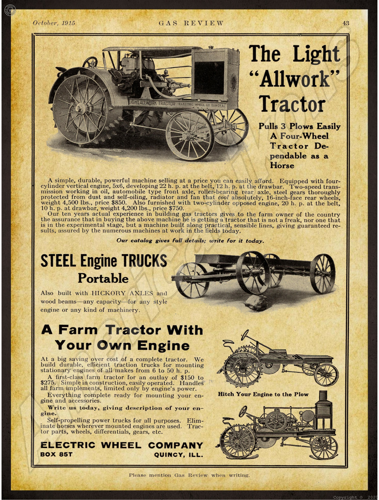 1915 Electric Wheel Company New Metal Sign: Allwork Tractor – Quincy, Illinois