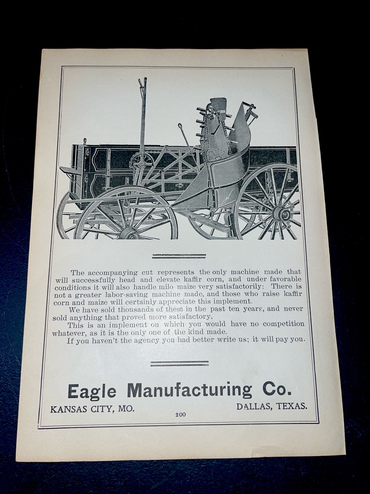 ORIGINAL 1907 Eagle Manufacturing Farm Implement Advertising – Dallas, Texas