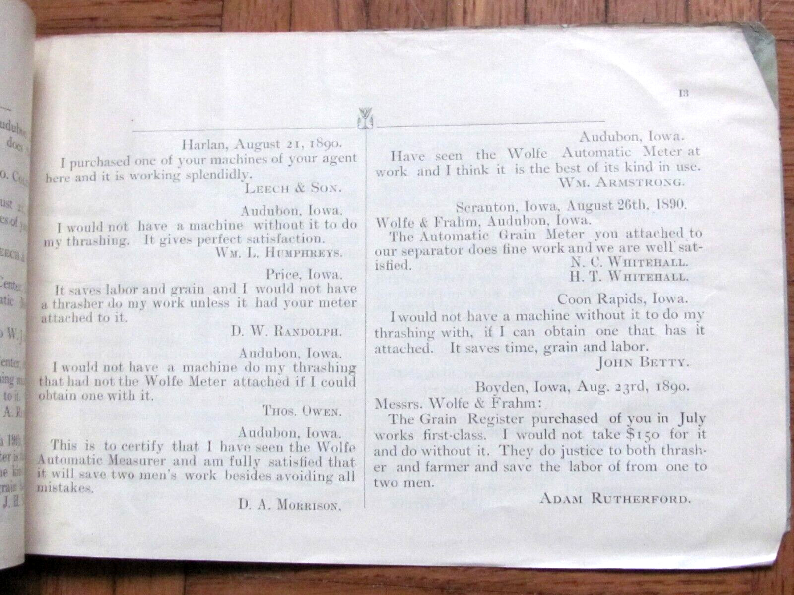 1893 FARM CATALOG J G WOLFE AUDUBON IOWA TRESHER ATTACHMENT ELEVATOR GRAIN METER