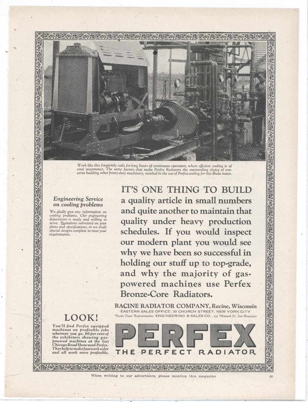 1927 Racine Radiator Co. Ad: PERFEX Radiator Mounted on Buda Oilfield? Motor