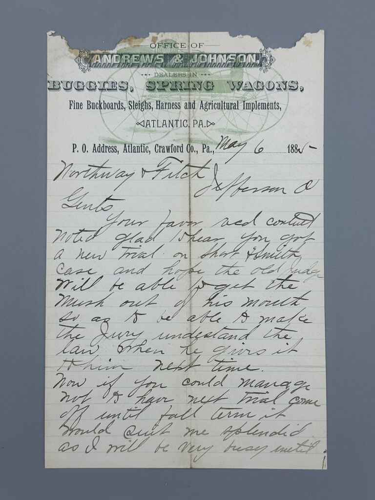 1885 WAGONS Buggies SLEIGHS Farm ATLANTIC PA Andrews Johnson Advertising Letter