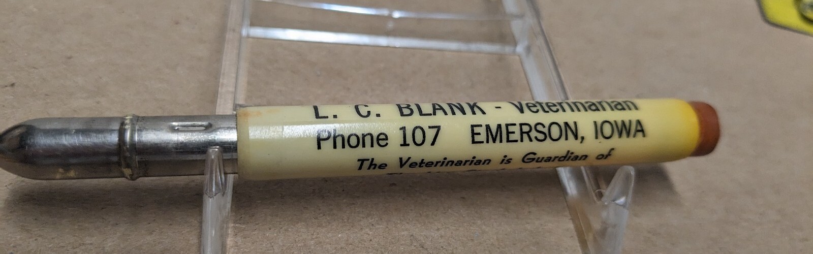 Vintage L. C. Blank Veterinarian Phone 107 Emerson Iowa IA Bullet Pencil