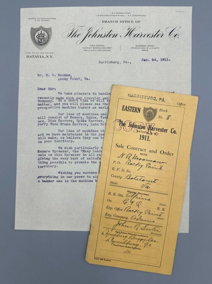 1911 JOHNSTON HARVESTER Contract Letter FARM Advertising BATAVIA NY Antique