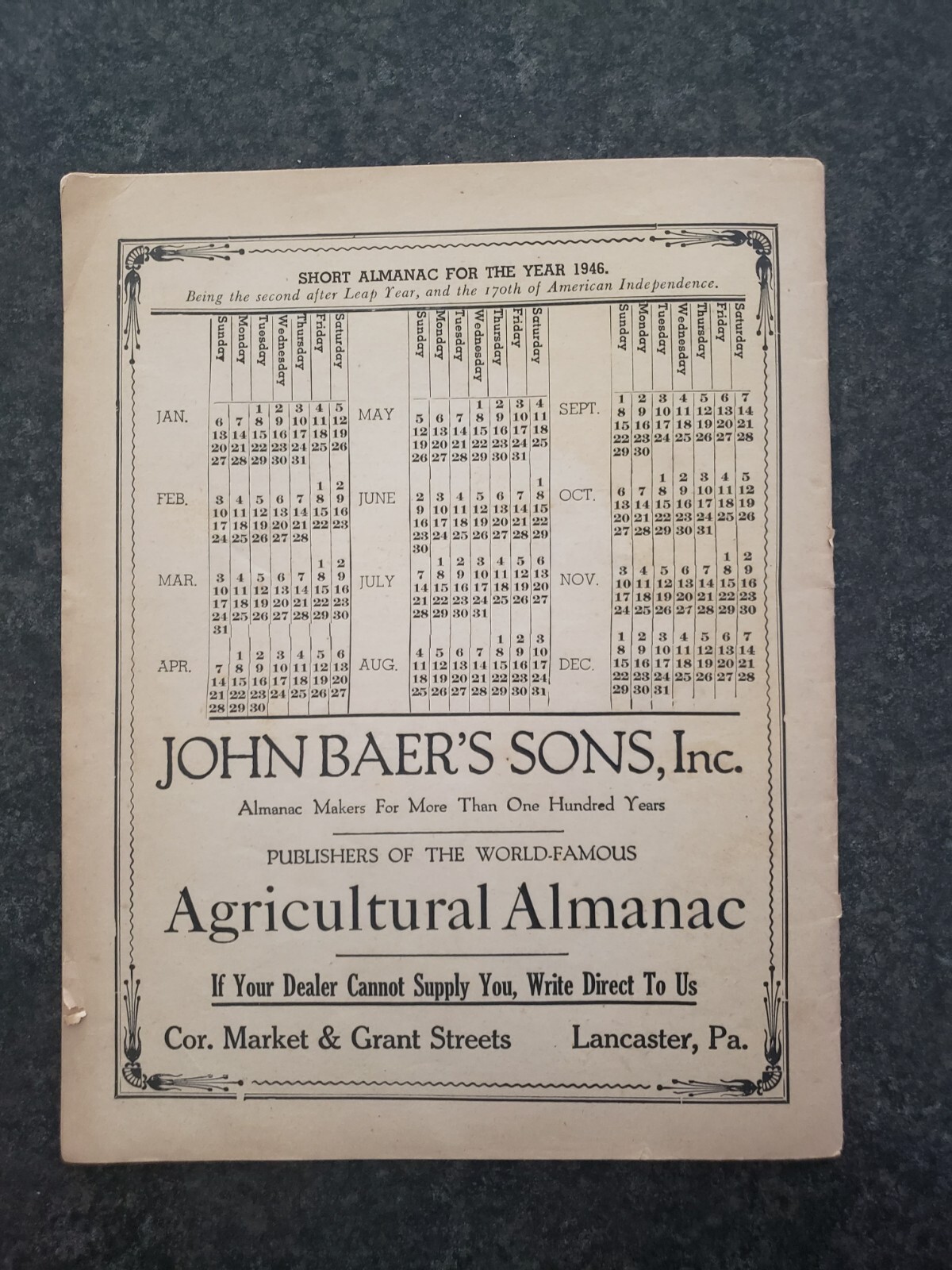 1946 John Baer’s Sons Agricultural Almanac – Vol 121