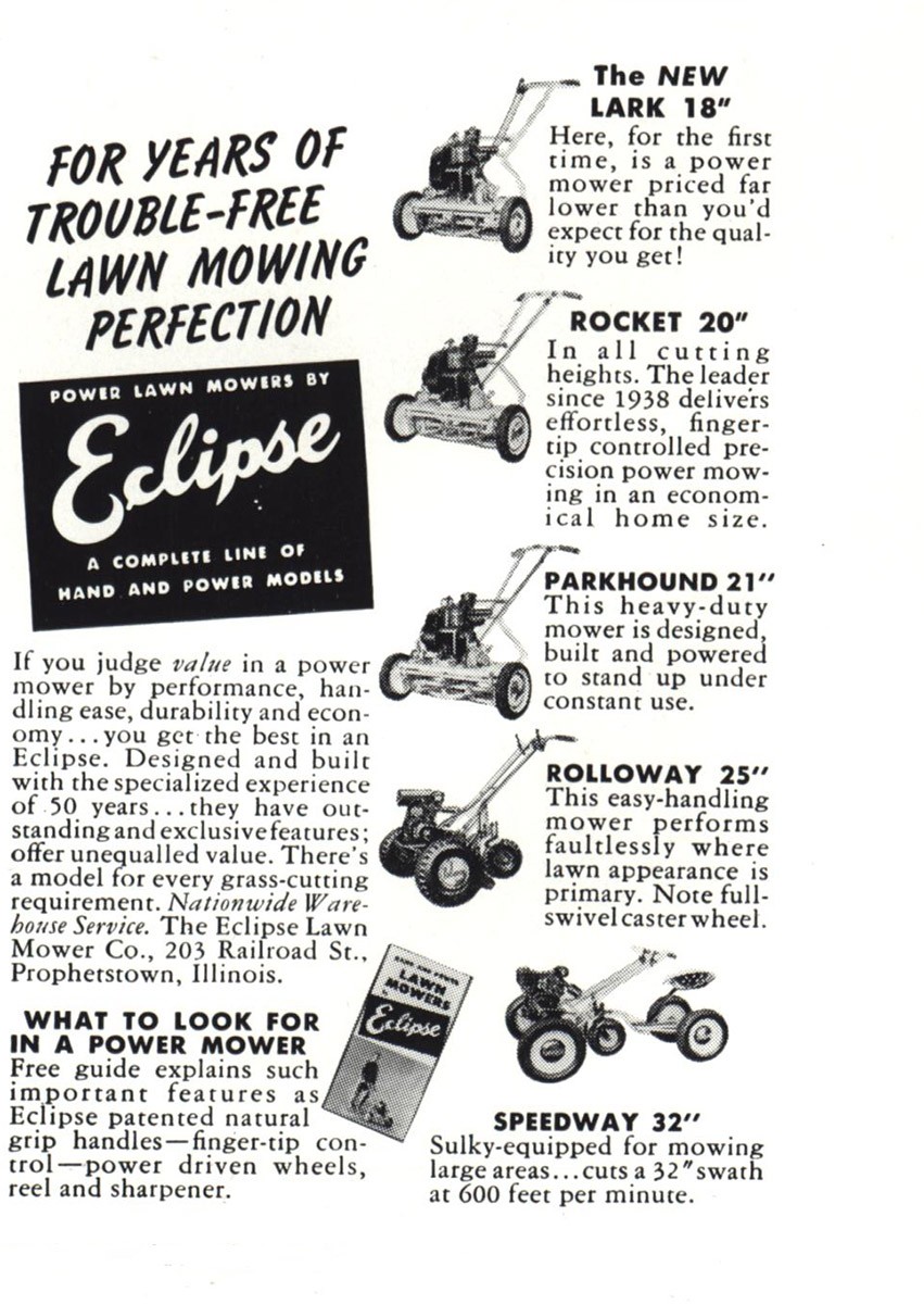 1950 Eclipse Lawn Mowers: Years of Trouble Free Lawn Mowing Vintage Print Ad