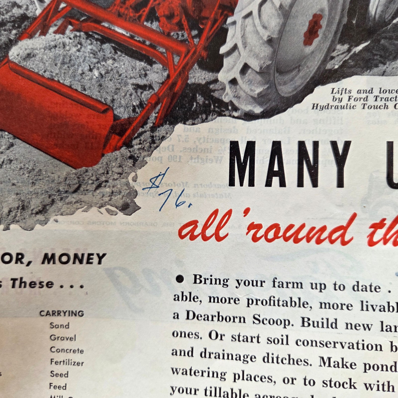 1949 FORD TRACTOR DEARBORN FARM EQUIPMENT LIFT TYPE SCOOP SALES COLOR SPEC SHEET