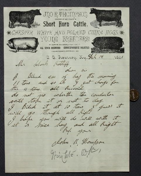 1891 Thompson Station Kentucky Short Horn Cattle Hogs Handwritten Letter RARE +