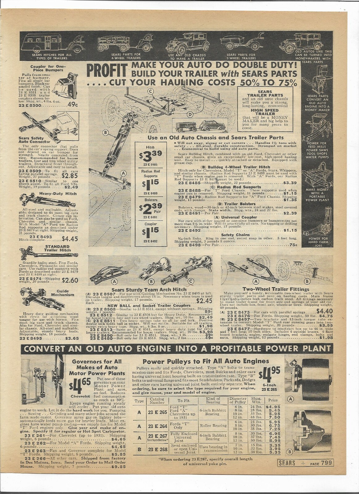 1937 Sears Catalog Ad Pages Camp Utility Trailer Crop Sprayer Garden Tractor