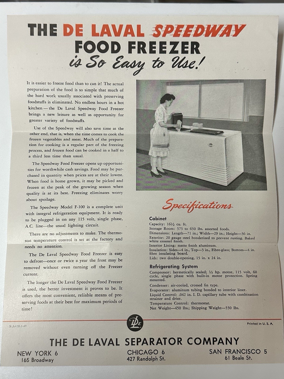 1949 De Laval Speedway Food Freezer pamphlet (22A)