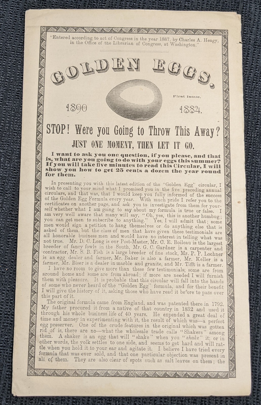1890 Golden Egg Formula Newsletter Poultry Circular Eggs Agriculture Ad Brochure