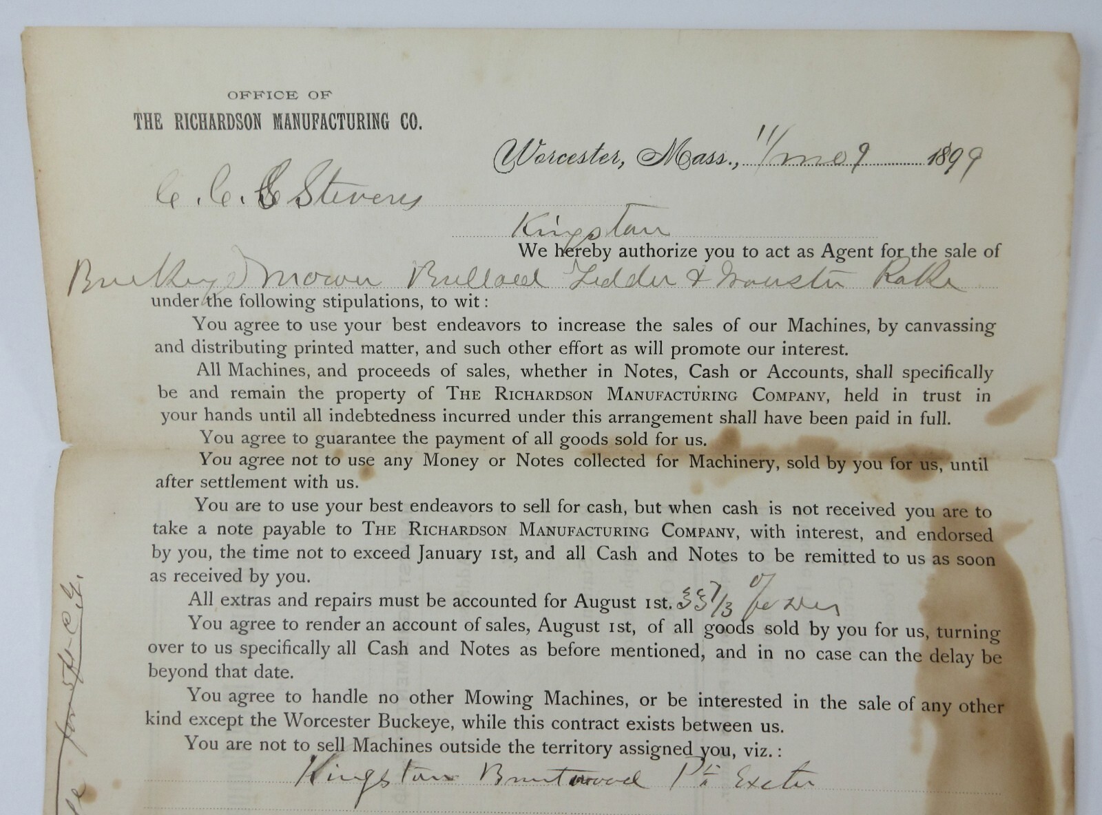 Buckeye Mower Richardson Farm Implements Salesman Agreement Territory Stock 1900