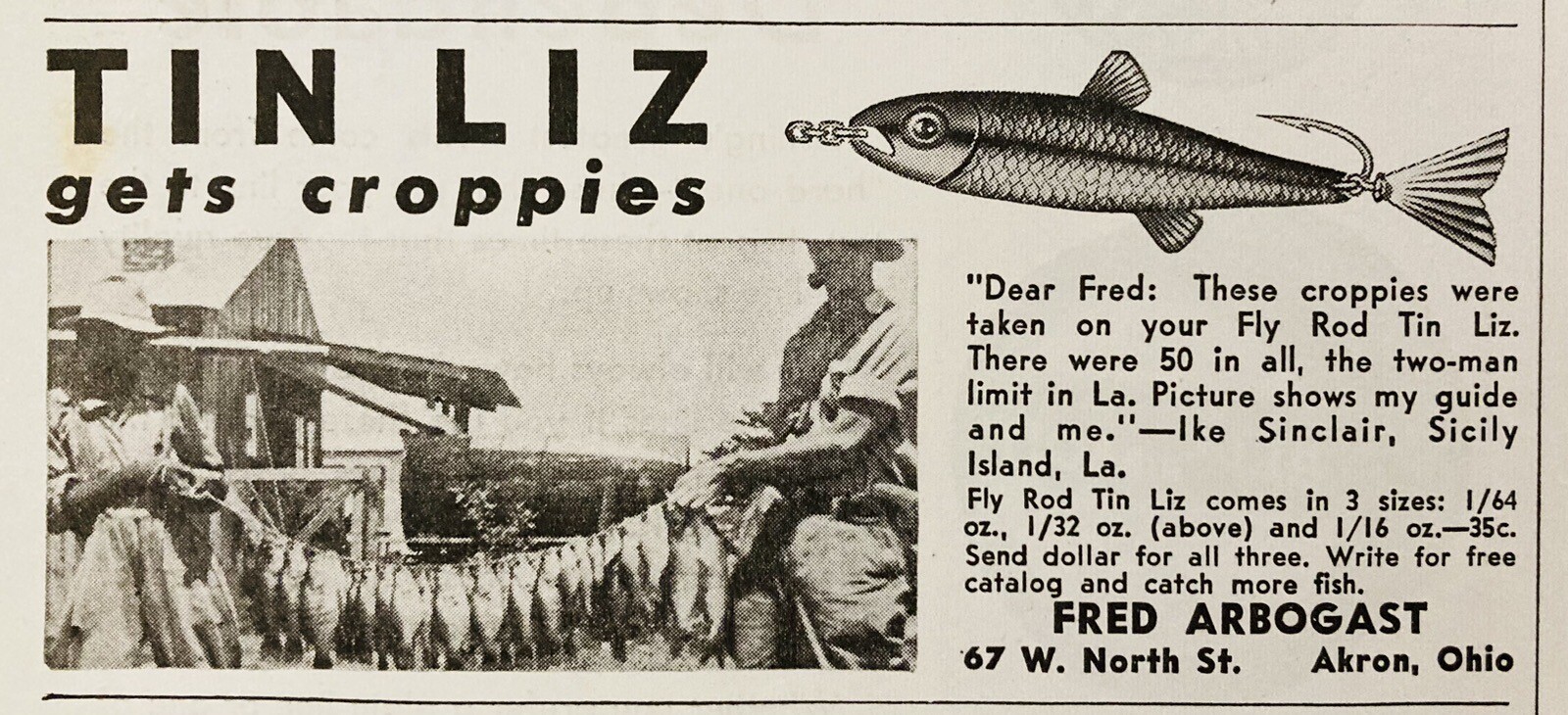 1940 AD.(XH73)~FRED ARBOGAST CO. AKRON, OHIO. “TIN LIZ” FISHING LURE