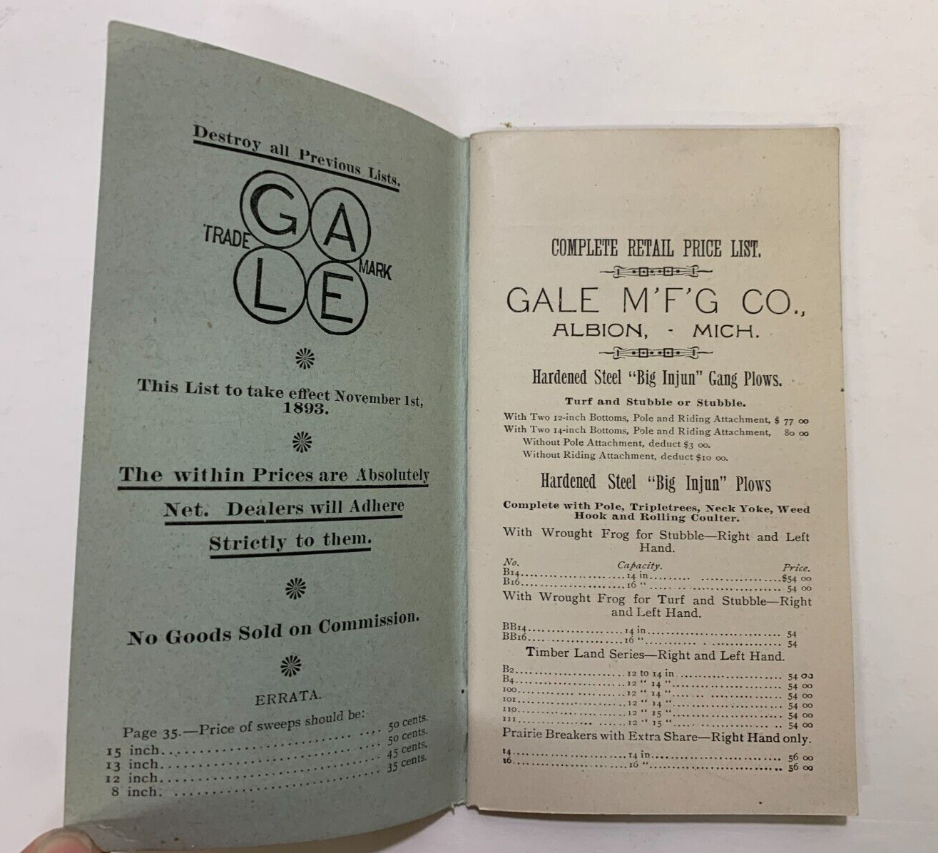 Price List GALE PLOWS Injun Series, Cultivators, Rades, Harrows. Albion, MI 1893