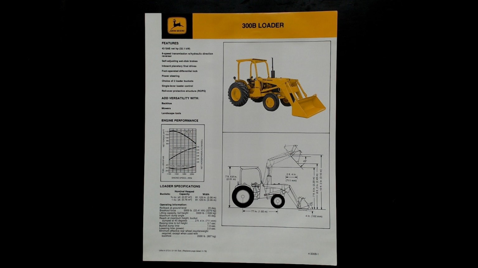 John Deere 300B Loader Vintage Agricultural Brochure Yellow Tractor