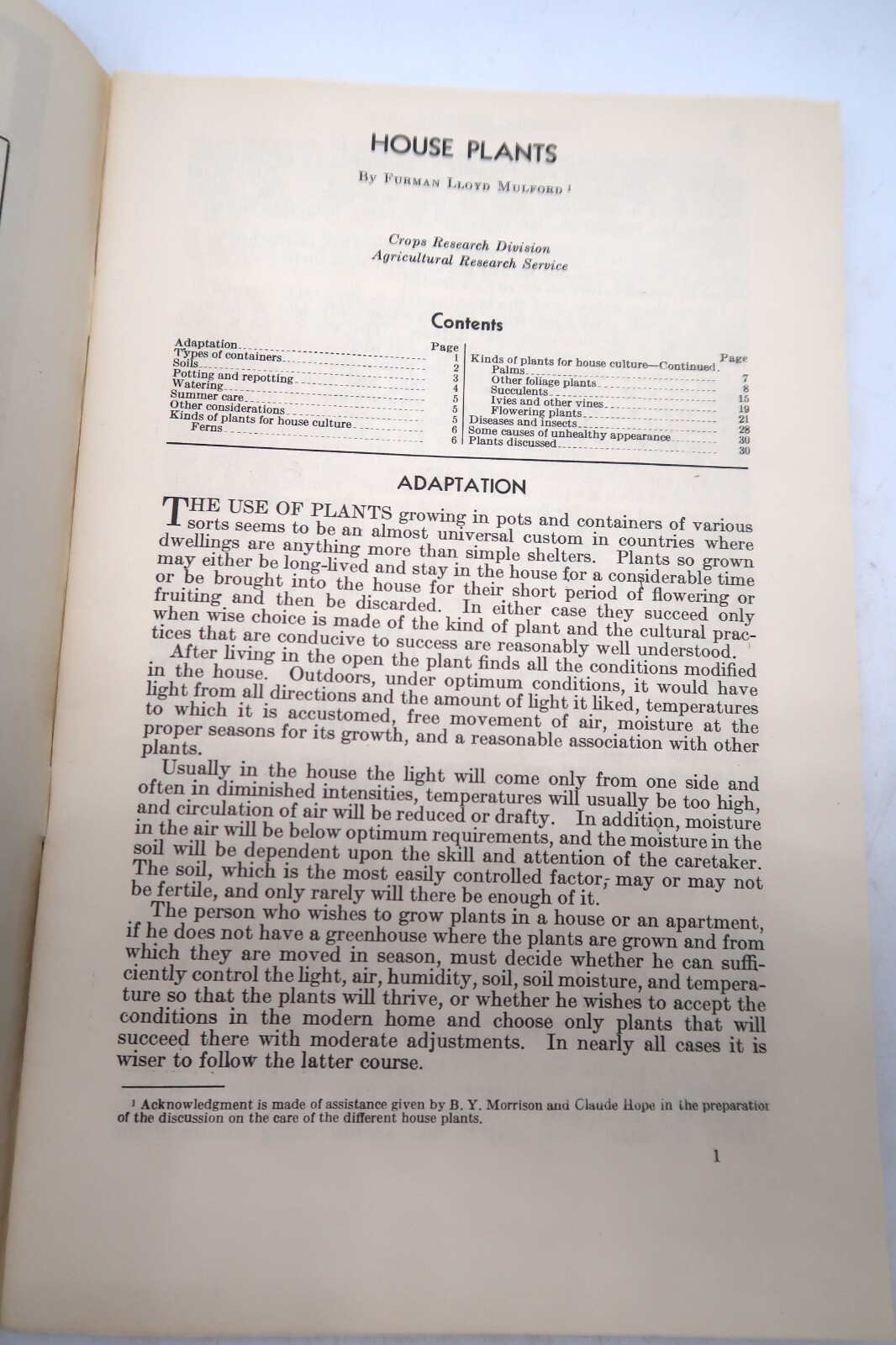 1941 USDA Farmers&rsquo; Bulletin No. 1872 House Plants Ephemera Furman Lloyd Mulford