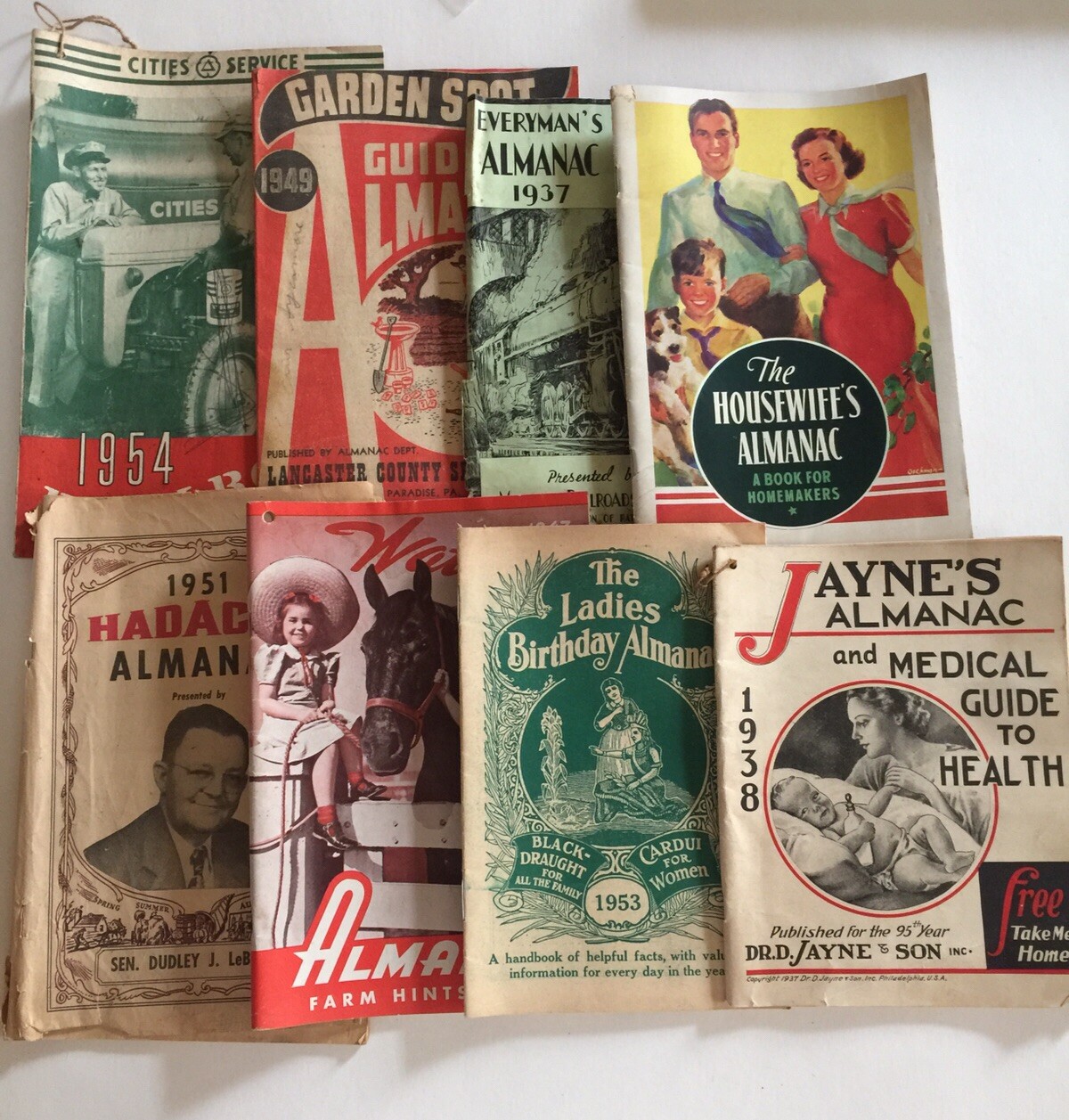 Lot Of 8 Antique Almanacs 1937-1954 Farming Health Great Ads Agriculture