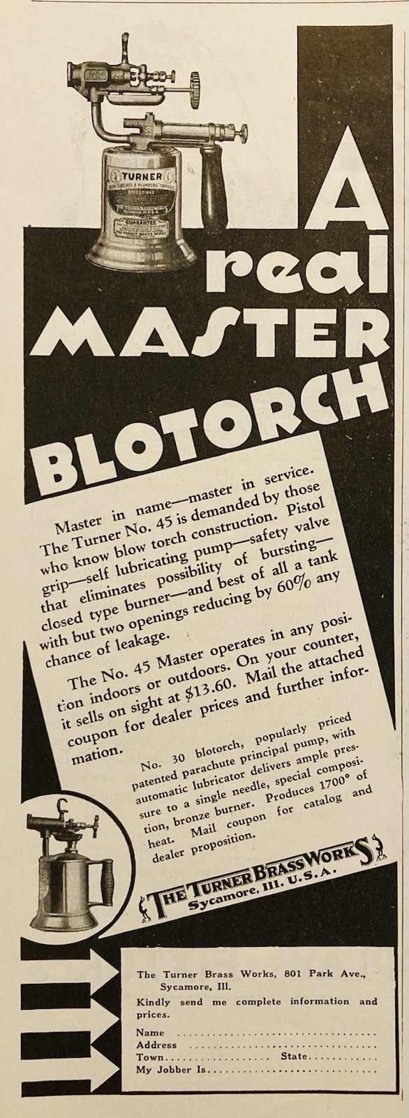 1929 AD.(XH83)~TURNER BRASS WORKS, SYCAMORE, ILL. TURNER NO.45 BLOTORCH