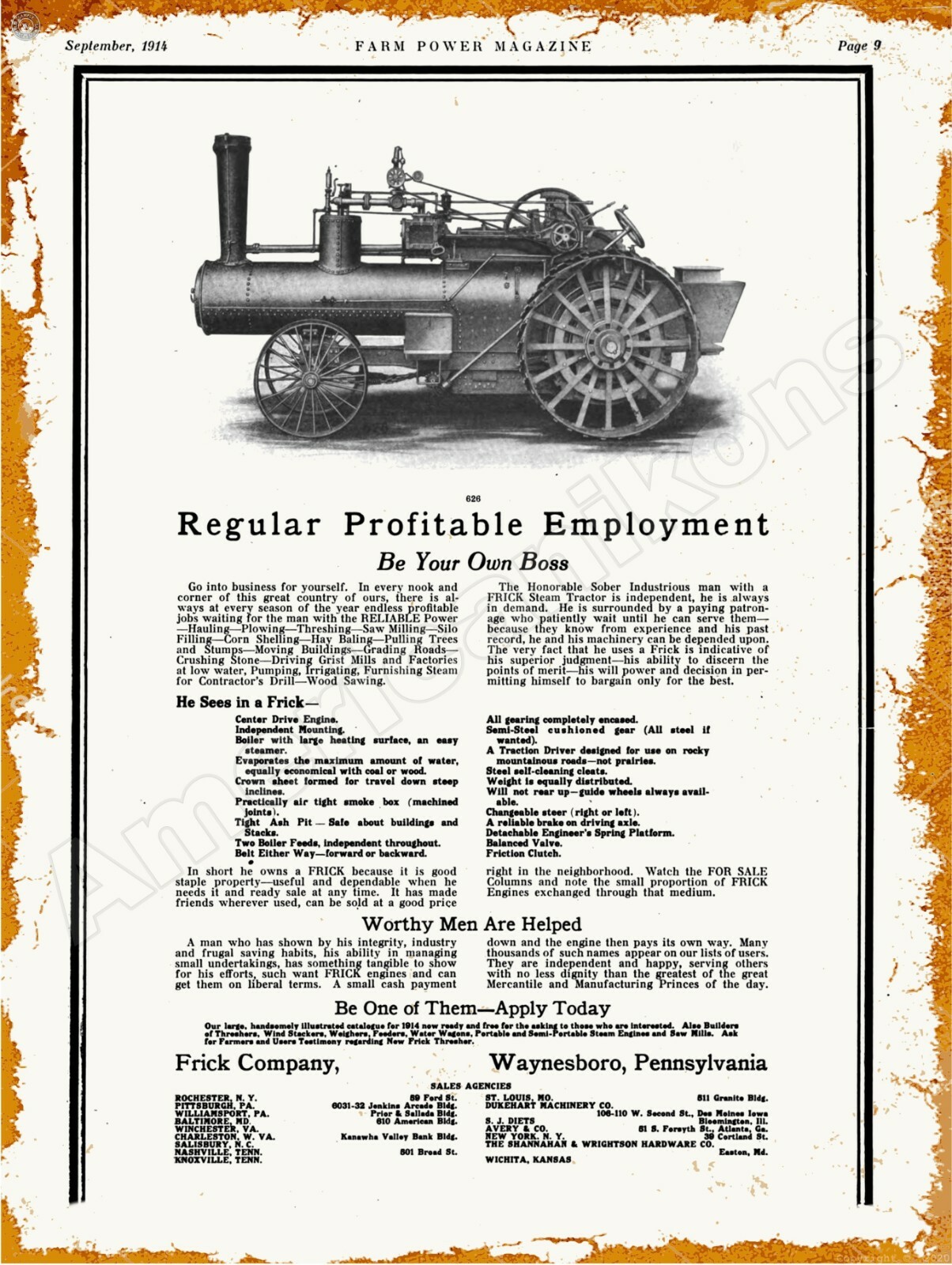 1914 Frick Steam Tractors New Metal Sign: Waynesboro, Pennsylvania