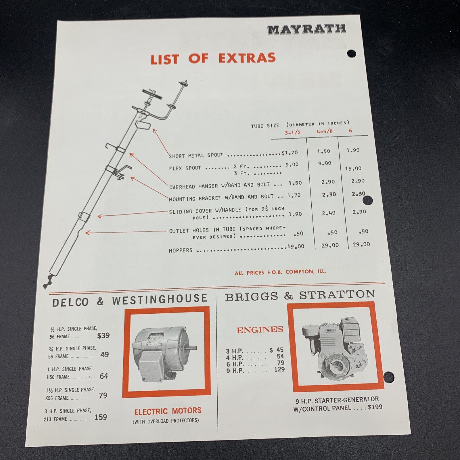 5 Original Mayrath Farm Implements Sales Brochures-Compton Illinois-1950’s