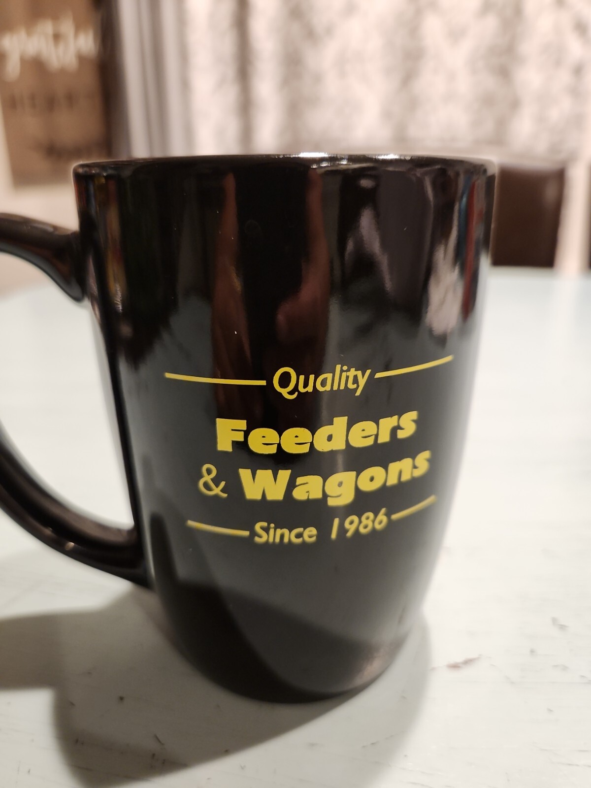 DILLER MUG AGRICULTURE AG EQUIPMENT FEEDERS WAGONS 1986 BLACK YELLOW COFFEE CUP.