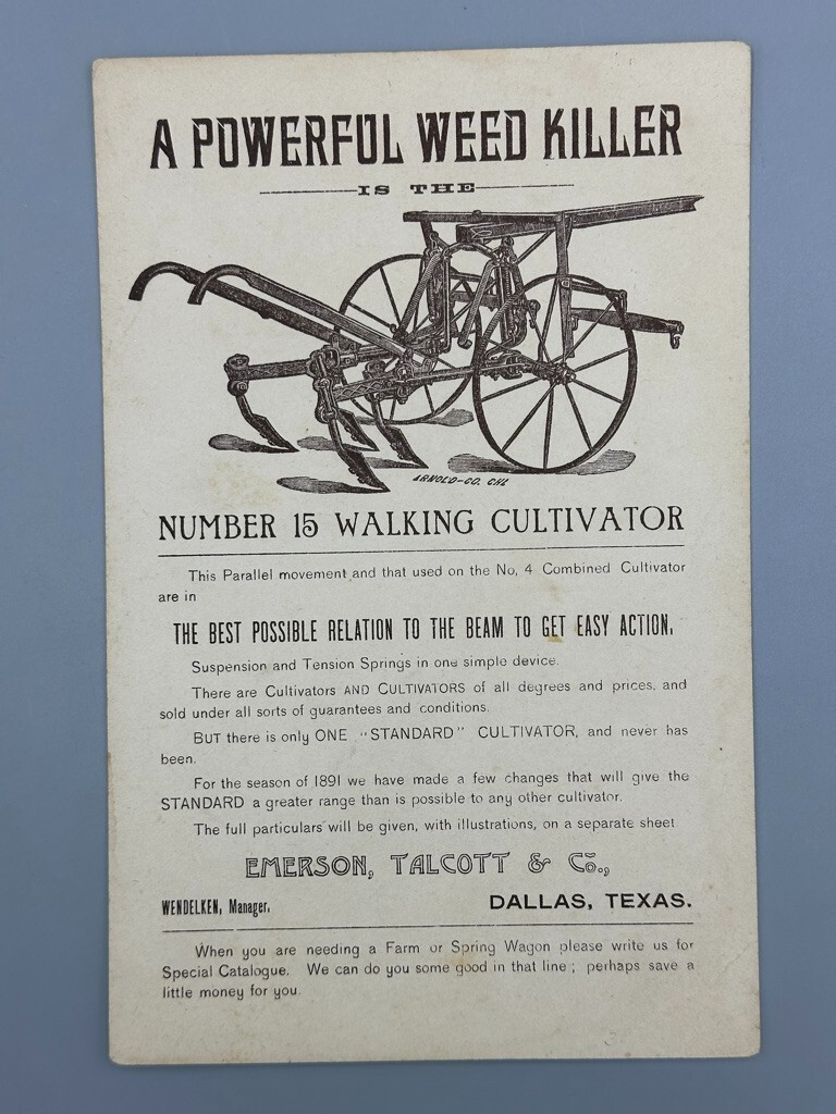 1880s Globe FARM Advertise EMERSON TALCOTT Cultivator 15 DALLAS Texas TRADE CARD