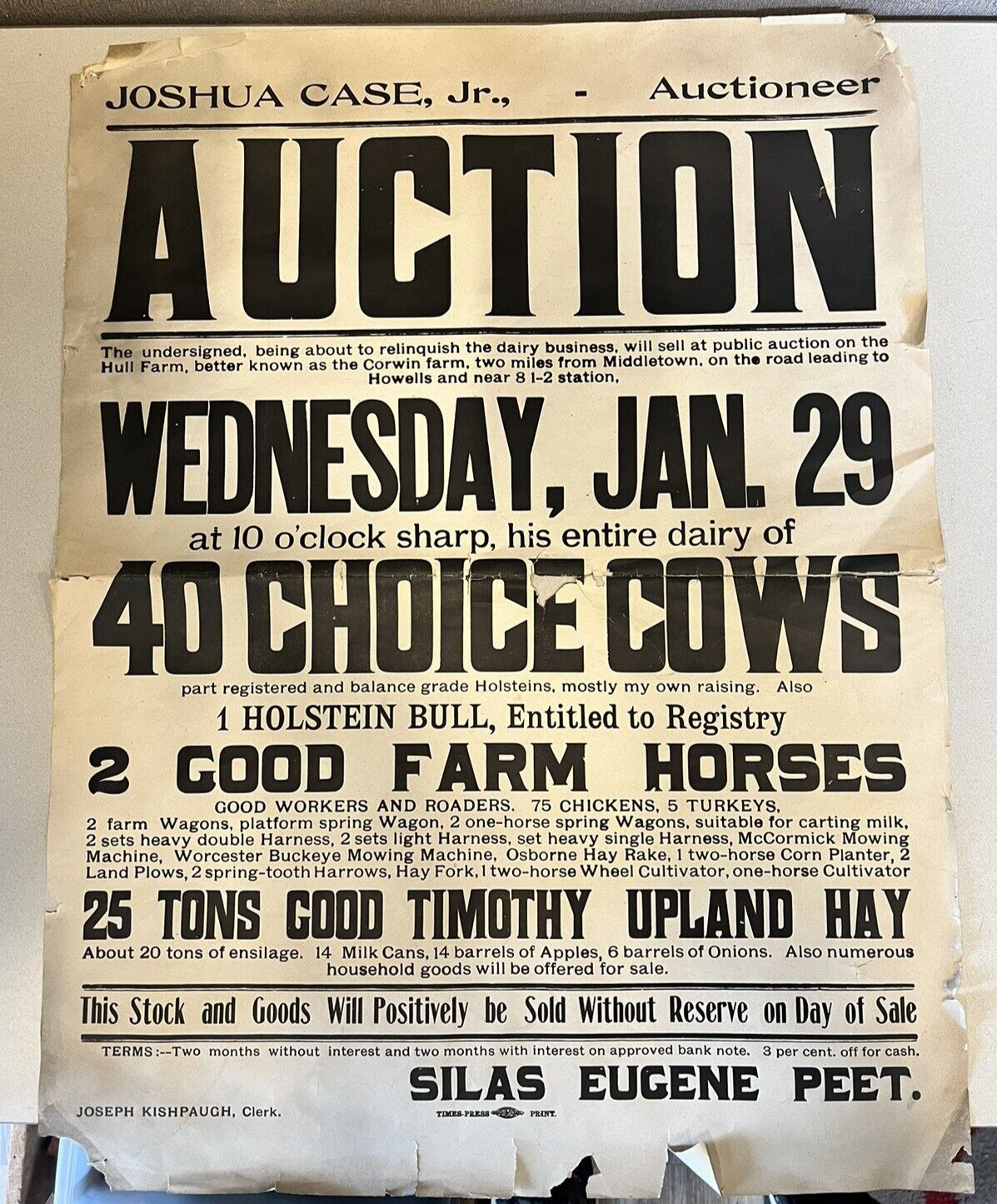 Antique 1800s Corwin Farm Otisville NY Auction Poster Silas Peet Times Press