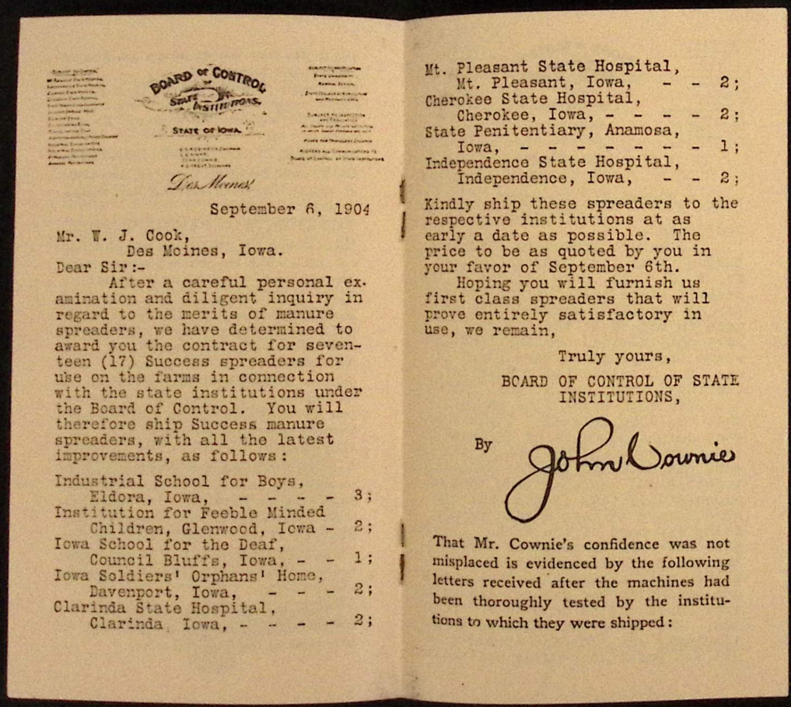 Success Manure Spreaders State of Iowa Testimonial Booklet HR Greenman McGraw NY