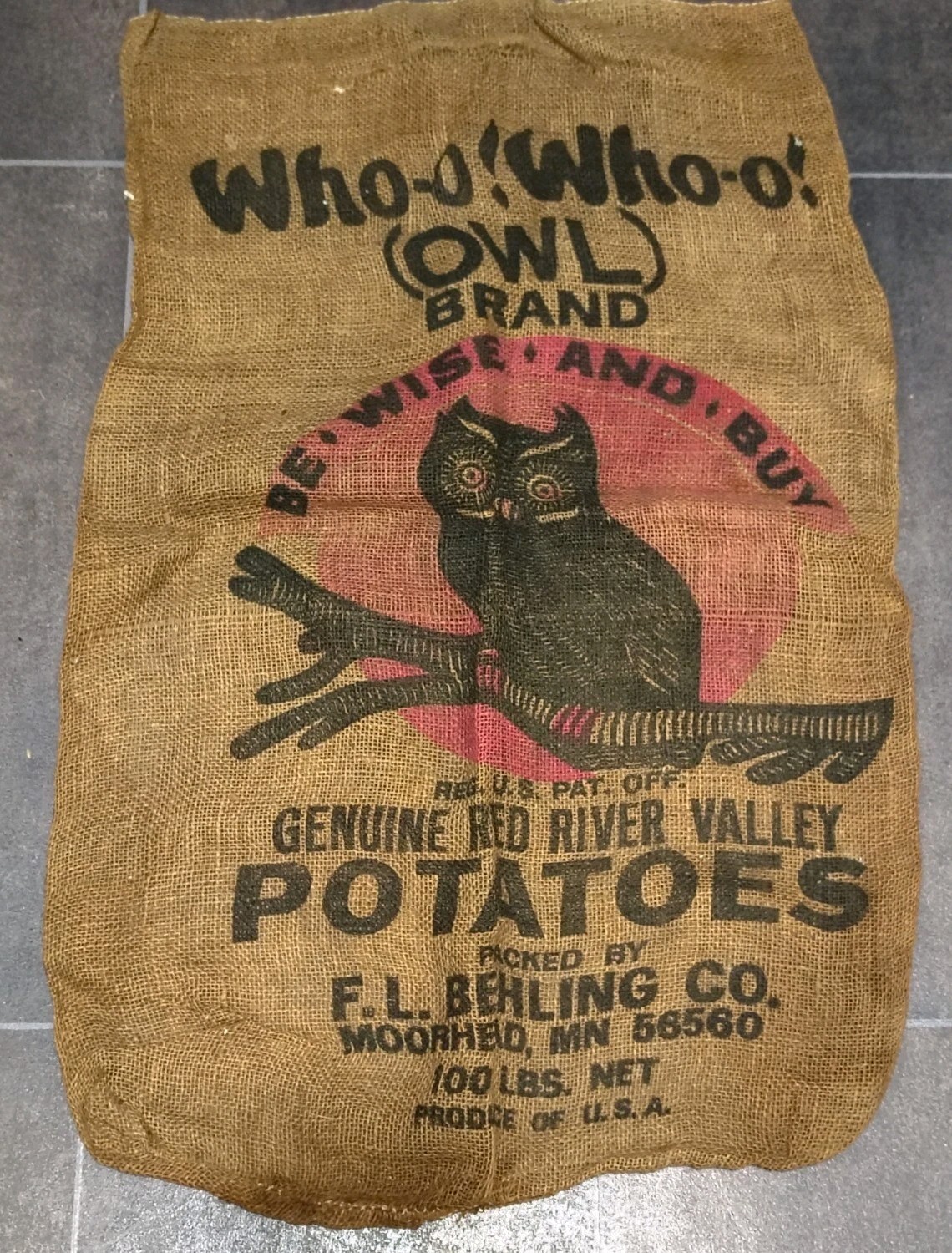 VTG Burlap 100 Lb Who-o! Who-o! (OWL) Brand Potato Sack Good Graphics & Color
