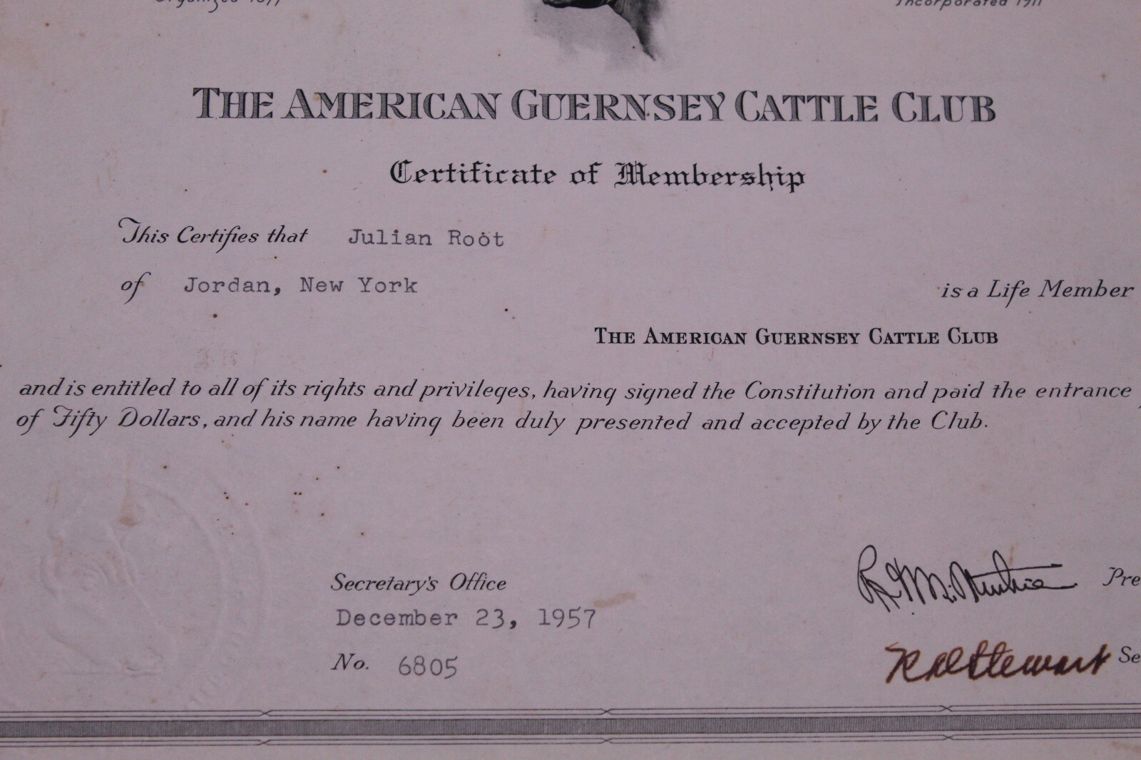 1957 American Guernsey Cattle Club Membership Julian Root Jordan,N.Y. Vintage