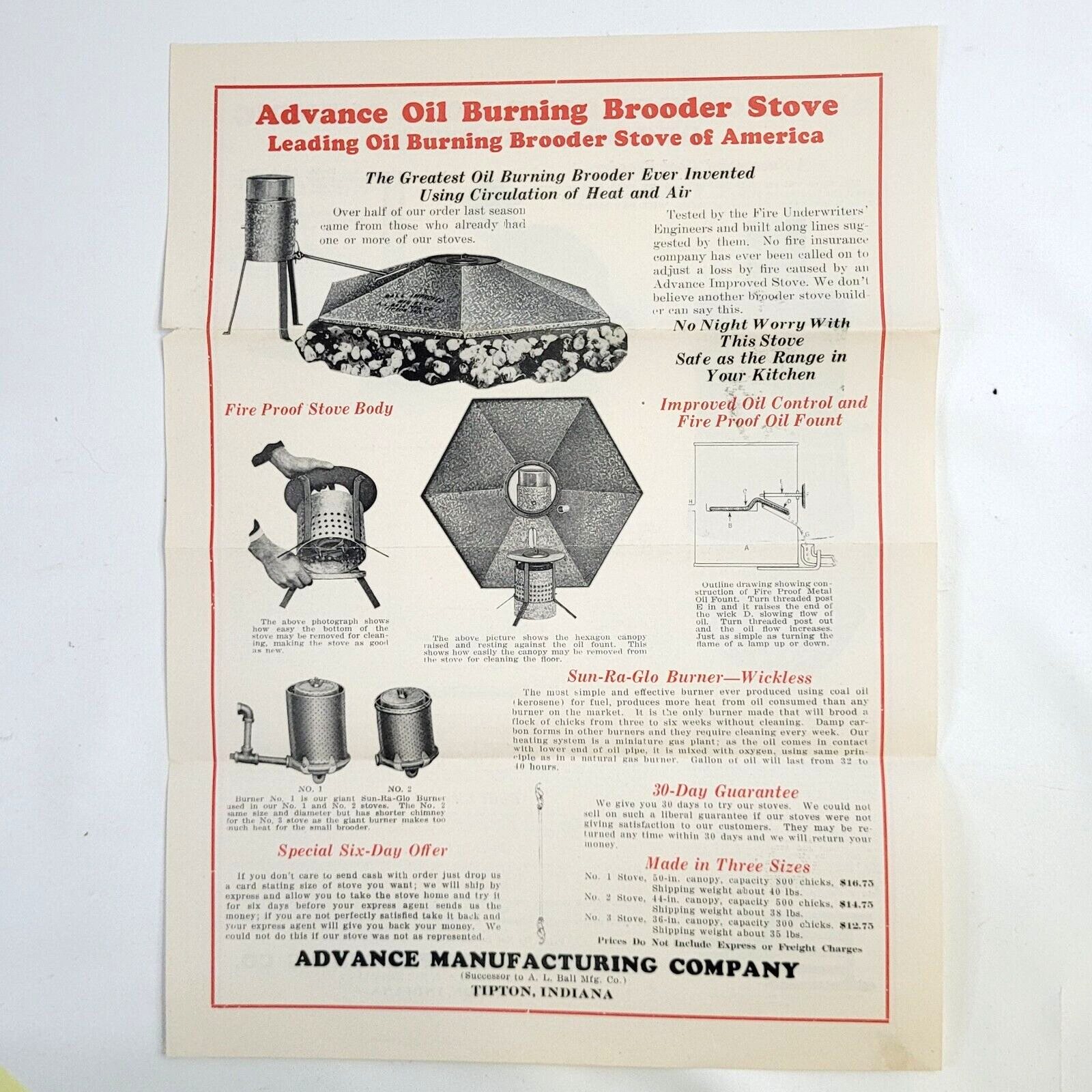 c.1920 Advance Manufacturing Poultry Farm Brooder Stove Ad Flyers Tipton Indiana