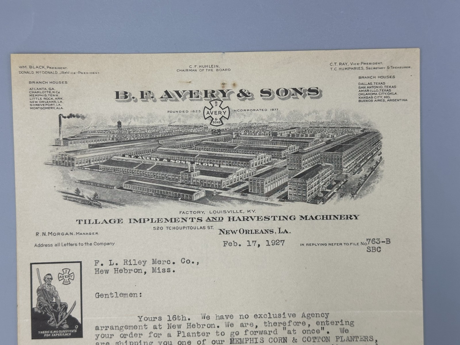 1927 B F AVERY & Sons Letter FARM Advertising NEW ORLEANS LA Antique