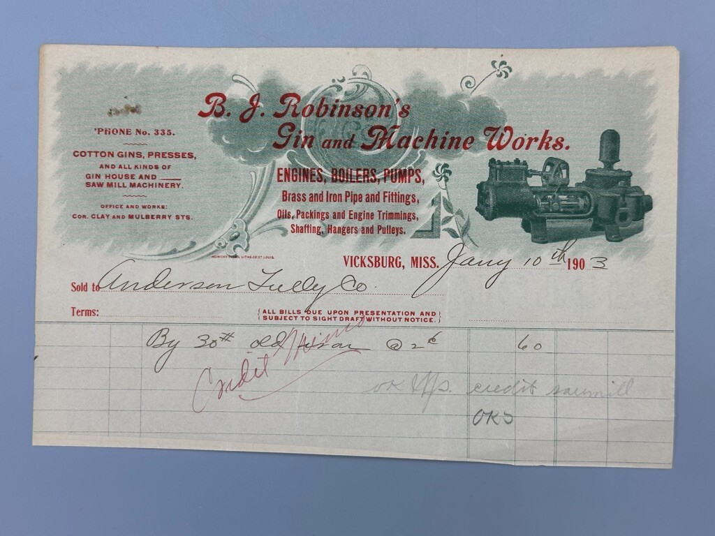 1903 Robinson&rsquo;s COTTON GIN Machine ENGINES Bill FARM Advertising VICKSBURG MS