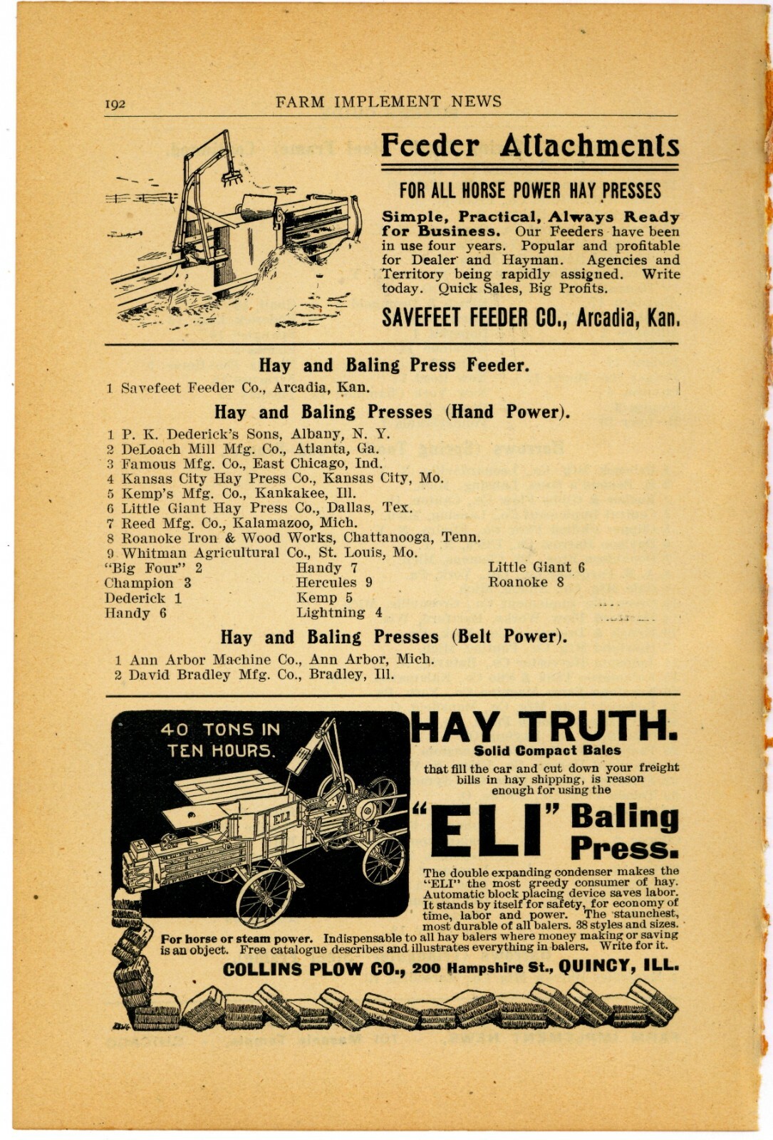 1905 Collins Plow Co. Ad: Eli Baling Press for Hay – Quincy, Illinois