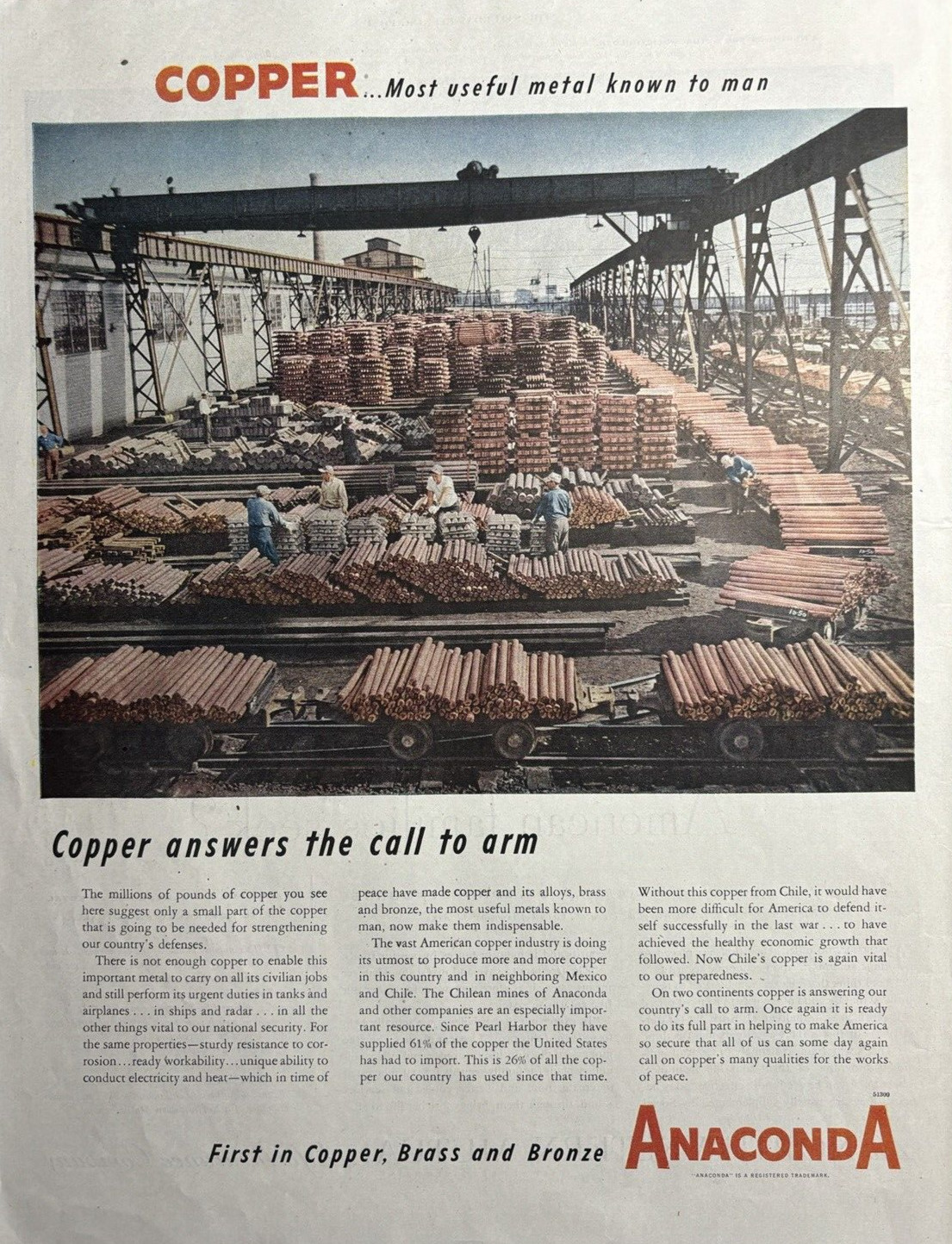 1951 Anaconda Copper Brass Bronze Company Call Arm Alloys Chilean VTG Print Ad