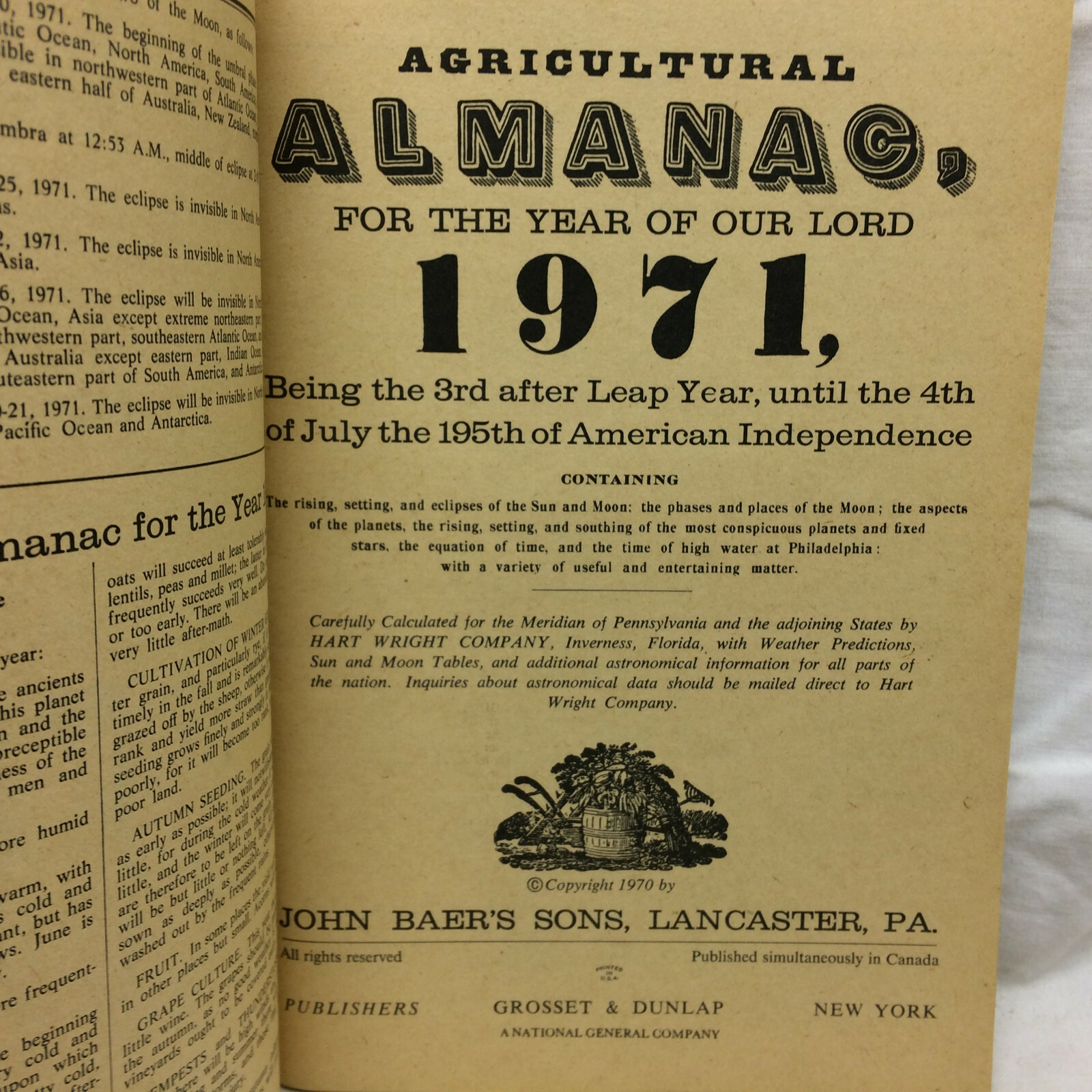 Vintage 1971 Baer&rsquo;s Agricultural Almanac Lancaster, PA