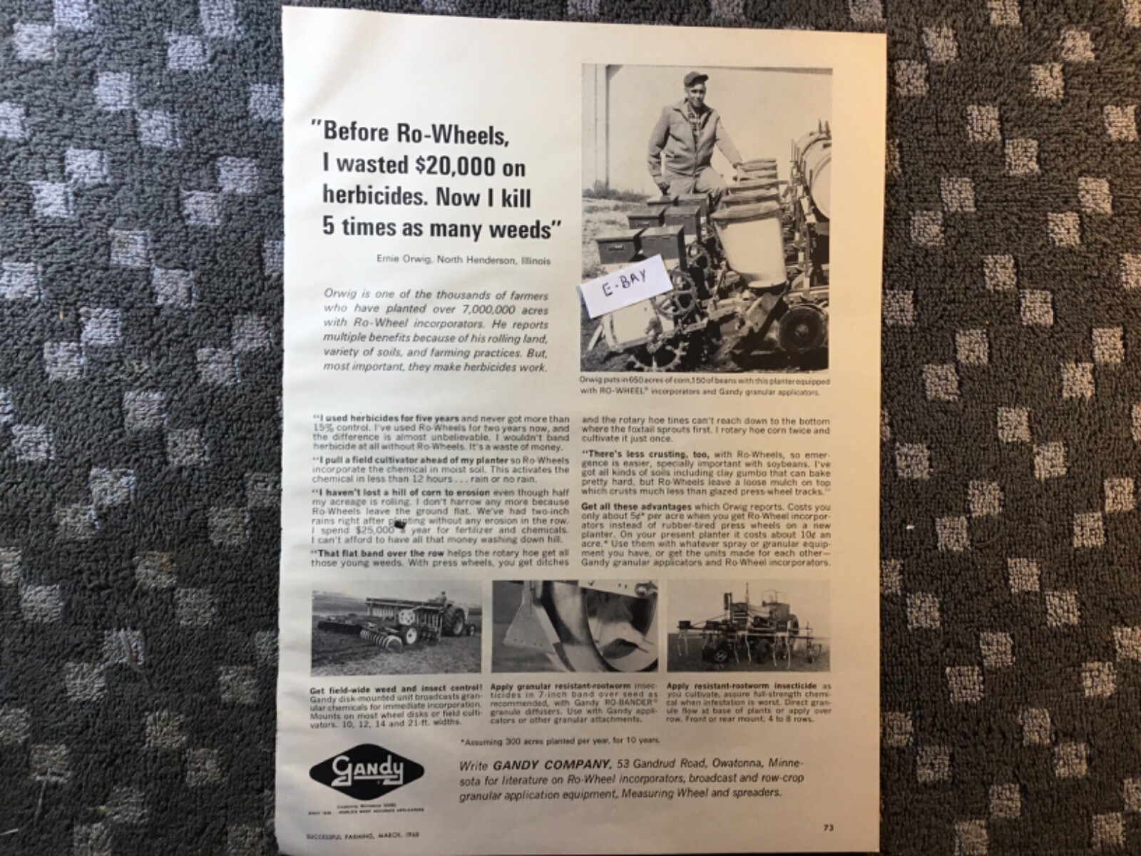 1968 Ad. Gandy Granular Applicators. Ernie Orwig. North Henderson, Illinois
