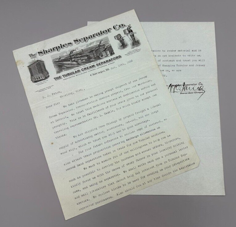 1912 SHARPLES CREAM SEPARATOR Farm Advertising Antique Illustrated Letter