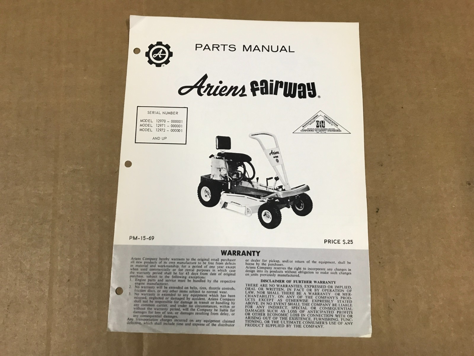 Vintage Ariens Fairway Parts Manual – PM-15-69