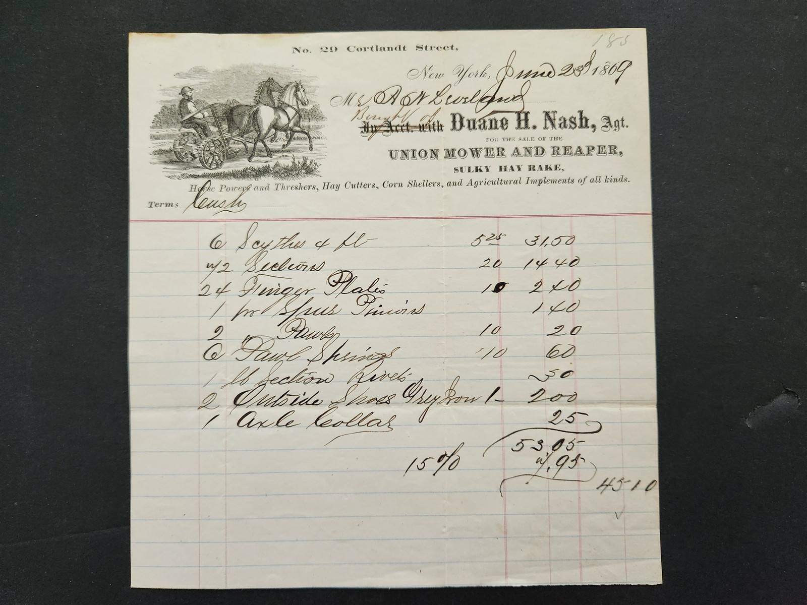 1869 antique UNION MOWER REAPER ny DUANE H NASH agent BILLHEAD horse agriculture