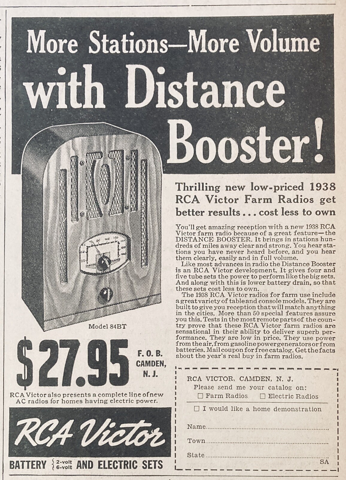 1937 AD.(XG1)~RCA VICTOR CO. CAMDEN, NJ. MODEL 84BT FARM RADIO
