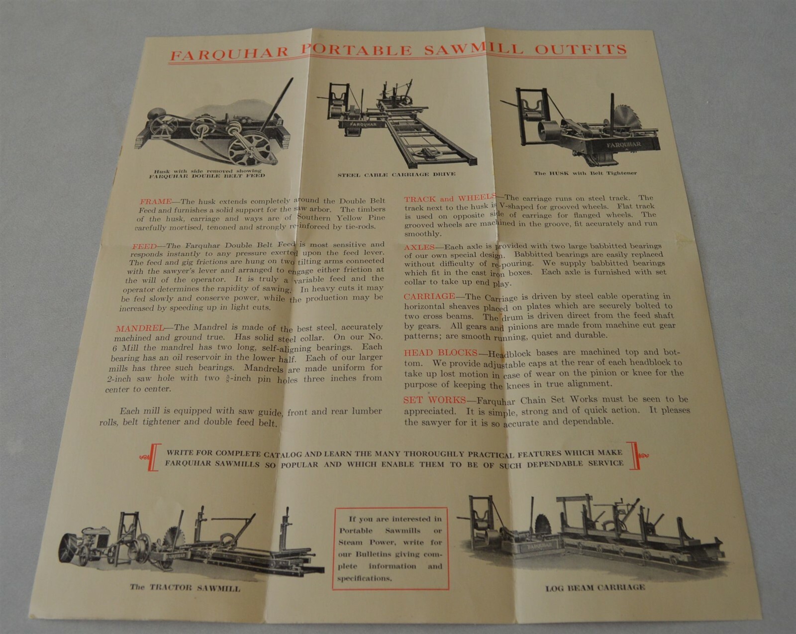 Original Farquhar York PA Tractor Portable sawmill outfits Steam Boiler pamphlet