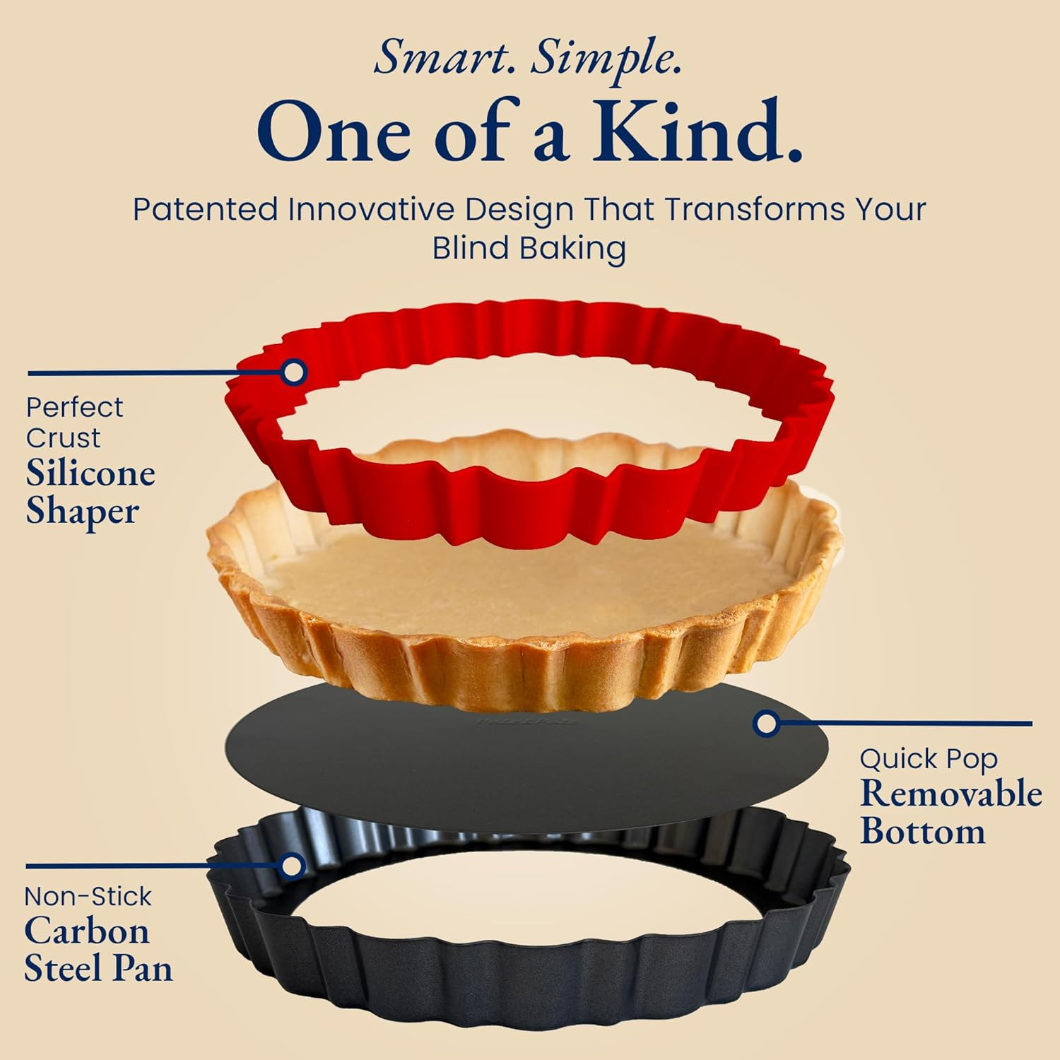Fluted Tart Pan 9 Inch Removable Bottom with Patented Silicone Crust Shaper | No