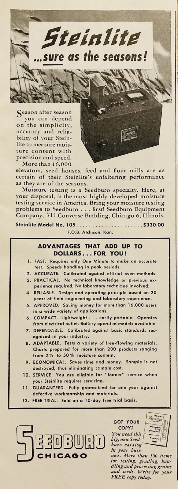 1950 AD.(XH83)~SEEDBURO EQUIPMENT CO. CHICAGO. STEINLITE SEED MOISTURE READER