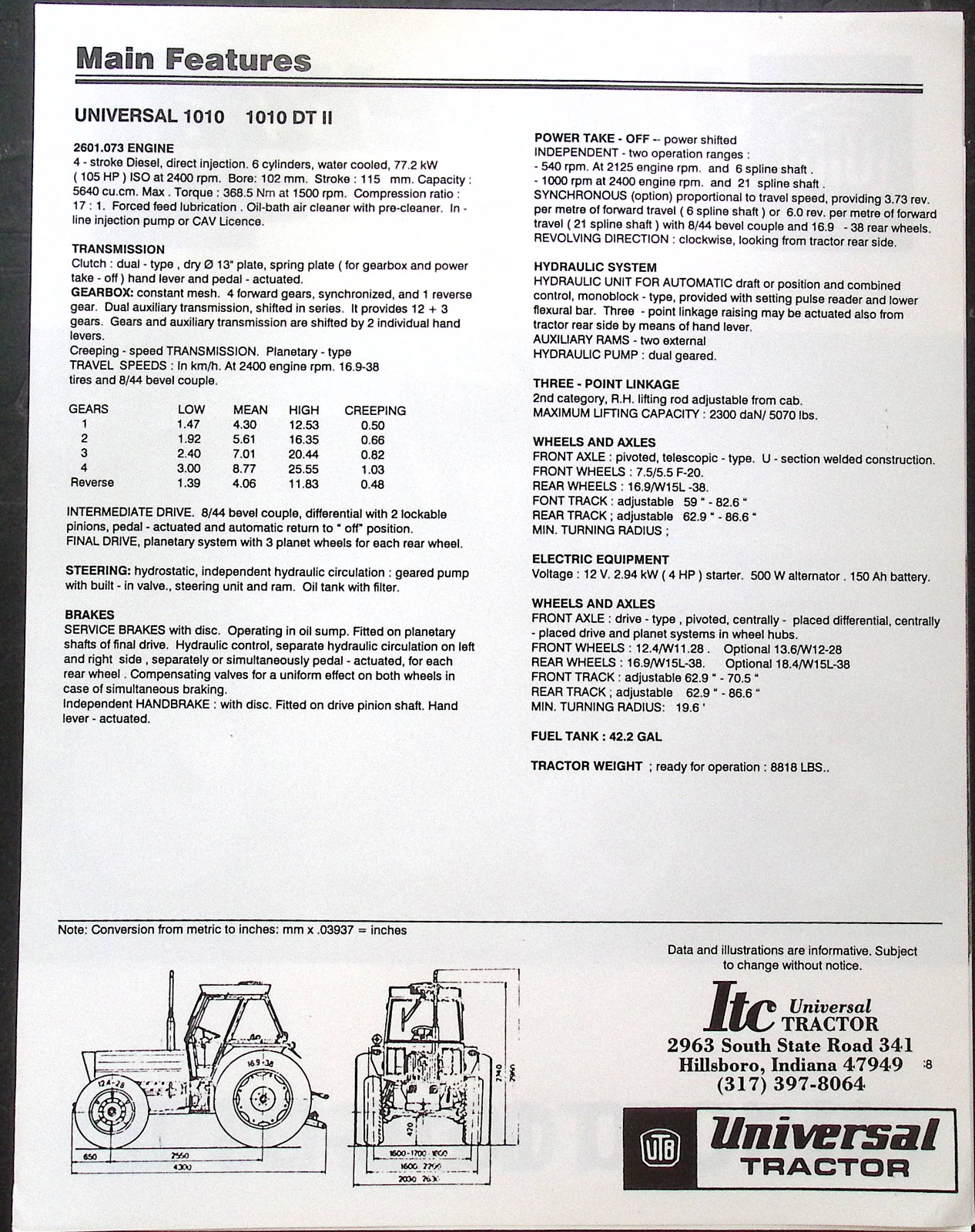 Universal Tractor U-1010, 1010-DT II spec sheet brochure