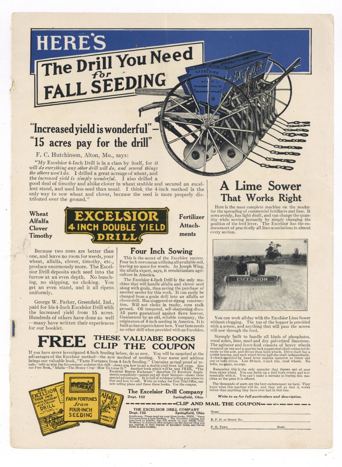 1917 Excelsior Drill Co. Print Ad: 4&Prime; Double Yield Drill – Springfield, OhiO