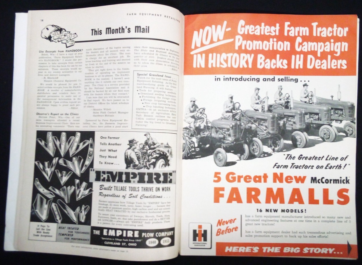 VTG 1955 FARM EQUIPMENT RETAILING MAGAZINE ADVERTISING GREAT AD FARMALL MOLINE F