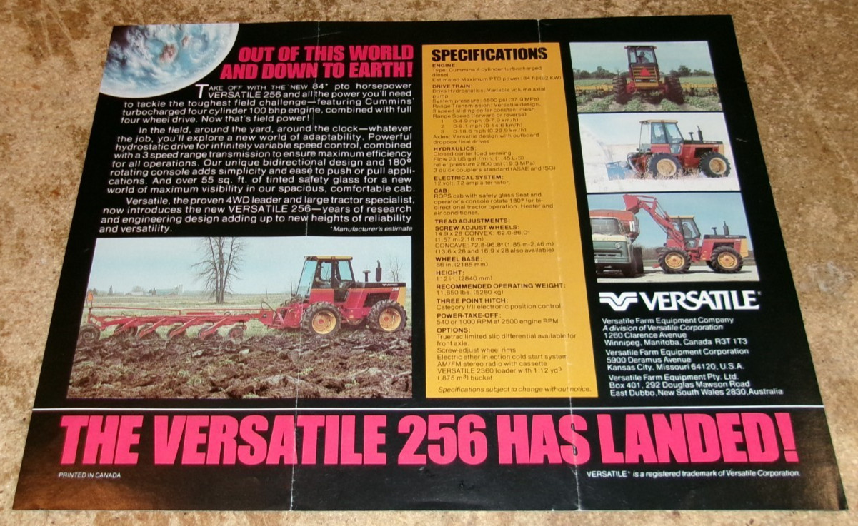 vintage versatile 256 bidirectional 4wd tractor 1 page brochure very good used